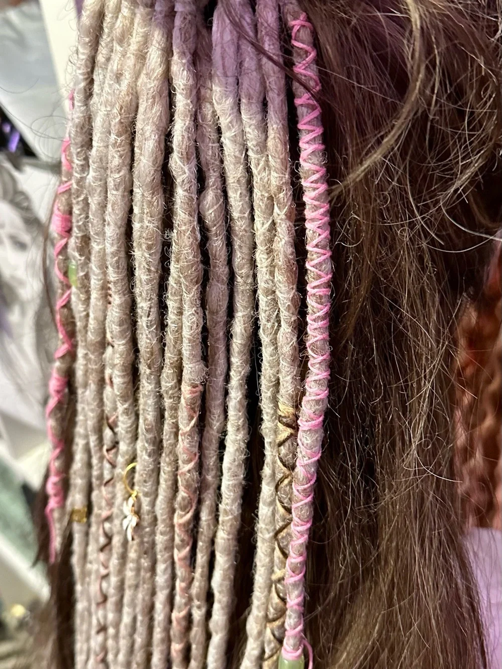 Boho Gray & Pink Synthetic Dreadlock Hair Wraps with Bead Accents